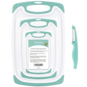 Cutting Boards for Kitchen, Plastic Chopping Board Set of 4 with Non-Slip Feet and Deep Drip Juice Groove, Easy Grip Handle, Dishwasher Safe, BPA Free, Non-porous Mint