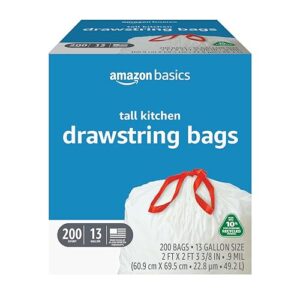 Amazon Basics 13 Gallon Tall Kitchen Drawstring Trash Bags, Unscented, 10% Post Consumer Recycled, 200 Count