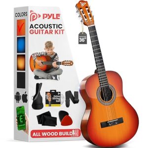 Pyle Beginner Acoustic Guitar Kit, 3/4 Junior Size All Wood Instrument for Kids, Adults, 36" Cherry Sunburst