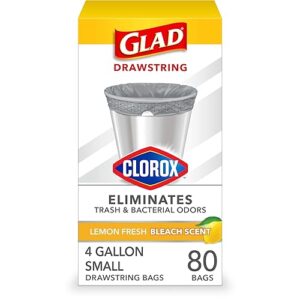 Glad Small Drawstring Trash Bags with Clorox, 4 Gal, Lemon Fresh Bleach, 80 Ct (Package May Vary)