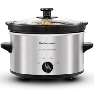 Elite Gourmet MST-275XS Electric Oval Slow Cooker, Adjustable Temp, Entrees, Sauces, Stews & Dips, Dishwasher Safe Glass Lid & Crock (2 Quart, Stainless Steel)