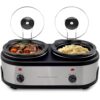 OVENTE Double Slow Cooker, Buffet Server and Warmer with Two 1.5Qt Removable Ceramic Pot, Adjustable Temperature Control and Tempered Glass Lid for Parties, Gatherings and Holidays, Silver SLO215BR