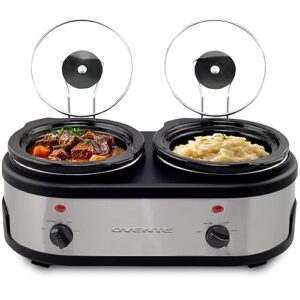 OVENTE Double Slow Cooker, Buffet Server and Warmer with Two 1.5Qt Removable Ceramic Pot, Adjustable Temperature Control and Tempered Glass Lid for Parties, Gatherings and Holidays, Silver SLO215BR