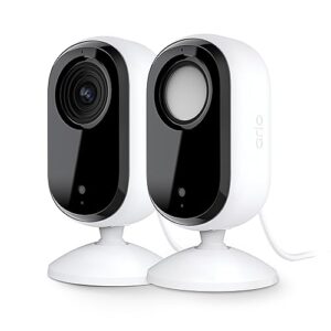 Arlo Essential Security Camera 2K | Indoor Only| 2nd Gen | Baby Monitor & Pet Camera | Wired Automated Privacy Shield, 2-Way Audio, Night Vision, Live Stream, Motion Alerts & Notifications White,2 Cam