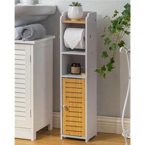 AOJEZOR Toilet Paper Holder Stand: Small Bathroom Storage Cabinet - Pure White/Bamboo