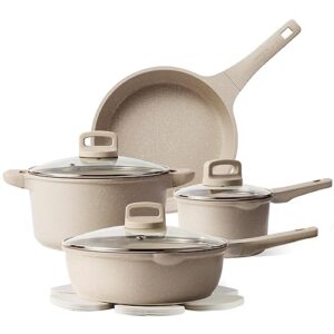 CAROTE 10pcs Pots and Pans Set Non Stick, Taupe Nonstick Cookware Set, Frying pans with lids, Kitchen Essentials Pot and Pan, Induction Cookware