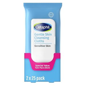 Cetaphil Face and Body Wipes, Gentle Skin Cleansing Cloths, 50 Count, Twin Pack, for Dry, Sensitive Skin, Flip Top Closure, Great for the Gym, Travel, in the Car, Hypoallergenic, Fragrance Free