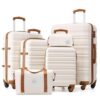 LONG VACATION 6 Piece Luggage Set Carry on Suitcase with ABS+PC hardshell, Spinner Wheels & YKK Zipper TSA Lock (WHITE-BROWN, 6 piece set)