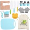 14 Pieces Wooden Kitchen Knife Set with Gloves Cutting Board Fruit Vegetable Crinkle Cutters Serrated Edges Plastic Toddler Knifes for Real Cooking Kid Safe Knives - Elephant