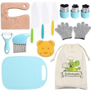 14 Pieces Wooden Kitchen Knife Set with Gloves Cutting Board Fruit Vegetable Crinkle Cutters Serrated Edges Plastic Toddler Knifes for Real Cooking Kid Safe Knives - Elephant
