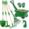 Duckura Kids Gardening Tools Set - 7pcs Wheelbarrow Set for Kids with Shovel, Rake, Leaf Rake, Summer Outdoor Yard Digging Weed Toys, Easter Birthday Gifts for Boys Girls Age 2 3+ Years Old(Green)