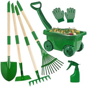 Duckura Kids Gardening Tools Set - 7pcs Wheelbarrow Set for Kids with Shovel, Rake, Leaf Rake, Summer Outdoor Yard Digging Weed Toys, Easter Birthday Gifts for Boys Girls Age 2 3+ Years Old(Green)