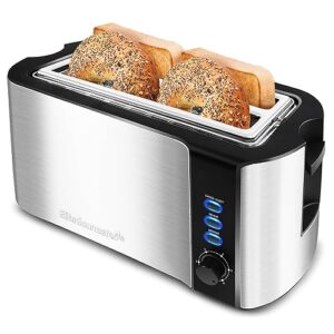 Elite Gourmet ECT-3100 Long Slot 4 Slice Toaster, Reheat, 6 Toast Settings, Defrost, Cancel Functions, Built-in Warming Rack, Extra Wide Slots for Bagels & Waffles, Stainless Steel & Black