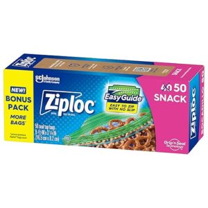 Ziploc Snack Bags with EasyGuide Texture, Small Plastic Storage Bags with Grip 'N Seal Technology, 50 Bags Total