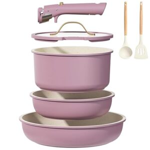 CAROTE 7pcs Pots and Pans Set, Nonstick Cookware Set Detachable Handle, Induction Kitchen Cookware Sets Non Stick with Removable Handle, RV Cookware Set, Gold and Purple