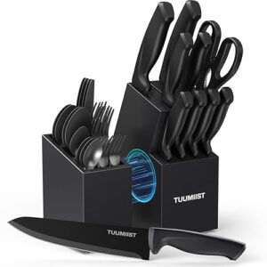 32-Piece Knife Set with Block, Sharpener, Silverware Set, and Removable Magnetic Utensil Holder (Black) - Precision Cutting and Organized Dining: Complete Kitchen Solution