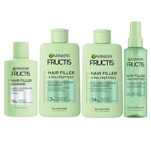 Garnier Fructis Hair Filler Bonding Pre-Shampoo + Fullness Repair Shampoo, Conditioner + Thickeing Spray Set with Polypeptides (4 Items), 1 Kit