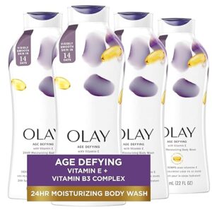 Olay Body Wash for Women, Age Defying with Vitamin E, 24hr Moisturizing, Hydrating & Refreshing, B3 Vitamin Complex, Free of Parabens & Phthalates, For All Skin Types, Scented, 22 fl oz (Pack of 4)