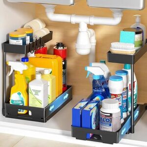 2 Pack Under Sink Organizers and Storage, 2 Tier L-Shape Pull Out Under Cabinet Organizer, Black Under Bathroom Kitchen Sink Organizer with Drawer for Under Counter Storage Organizer