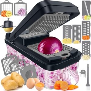 12-in-1 Vegetable Chopper, Kitchen Gadgets with 7 Blades, Veggie, Food, Onion Chopper, Cucumber Slicer, Versatile Mandoline, Includes Egg Separator & Finger Guard, Gray