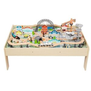 Amazon Basics 120 Piece Wooden Train Set and Table-kids Gift for Age 3Y+, Multi, Product dimensions: 47.4 x 33.46 x 16.14 inches