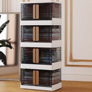 wookon Collapsible Storage Bin with Double Door,Stackable Storage Bins with Wheels,Plastic Storage Bins,Stackable Closet Organizer (4 Pack, 8.4 Gal)