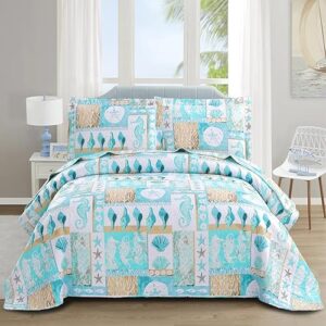 Blue Ocean Quilts Set Full/Queen Size Lightweight Beach Bedspreads Coastal Seashell Conch Seahorse Starfish Bedding 3 Piece Reversible Coverlets Pillow Shams