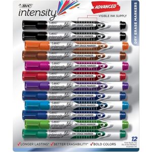 BIC Intensity Advanced Colorful Dry Erase Markers, Bullet Tip, 12-Count Pack of Assorted Colors, Whiteboard Markers for Teachers and Office Supplies