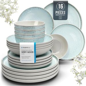 16 Piece Dinnerware Sets for 4 - Modern Style Stoneware Dinnerware Set - Scratch Resistant,Dishwasher,Microwave Safe Plates and Bowls Sets Ceramic,Dish Set, Bowl and Plate Set - Beige and Light Blue…