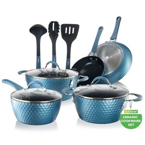NutriChef 11 Pc Pots and Pans Set Non Stick Cookware with Ceramic Coating, Ergonomic Handles, Induction Ready, Includes Saucepan, Dutch Oven, Large & Small Fry Pans, Royal Blue