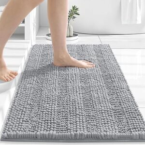 Grandaily Chenille Striped Bathroom Rugs 24x16, Extra Thick and Absorbent Bath Rugs, Non-Slip Soft Plush Shaggy Bath Carpet, Machine Wash Dry, Bath Mats for Bathroom, Grey