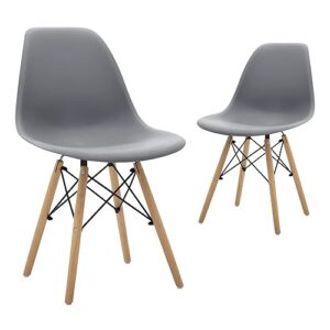 CangLong Modern Mid-Century Shell Lounge Plastic Natural Wooden Legs for Kitchen, Dining, Bedroom, Living Room Side Chairs, Set of 2, Grey
