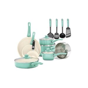 GreenLife Soft Grip 16 Piece Cookware Set, Non-Toxic PFAS-Free Ceramic Nonstick, Pots, Frying, Sauce, Saute, Glass Lids, Stay-Cool Handles, Wobble Free Bases, Dishwasher & Oven Safe, Turquoise