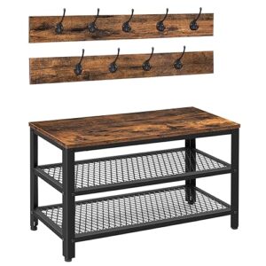 HOOBRO Hall Tree Entryway Storage Bench, Coat Rack Shoe Bench, Shoe Rack Organizer with Coat Hooks, 3-in-1 Design, Wooden Furniture with Metal Frame, Rustic Brown and Black BF17MT01