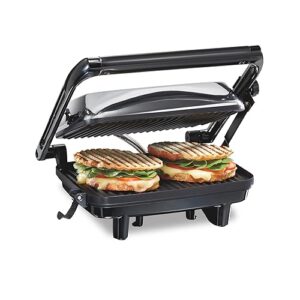 Hamilton Beach Panini Press Sandwich Maker & Electric Indoor Grill with Locking Lid, Opens 180 Degrees for any Thickness for Quesadillas, Burgers & More, Nonstick 8" x 10" Grids, Chrome (25460AG)