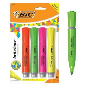 BIC Brite Liner Highlighter with Rubber Grip, Chisel Tip, Assorted, Pack of 4 - BLMGP41-A-AST