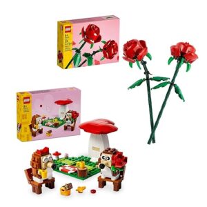 Bundle of LEGO Roses + LEGO Hedgehog Picnic Date Building Sets - Craft for Kids & Adults - Gift for Her & Him - Artificial, Fake Roses for Home Decor & Display - 40460 + 40711