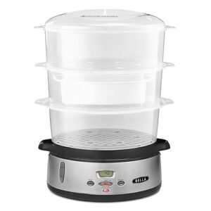 BELLA 9.5 QT Triple Tier Digital Food Steamer, Healthy Fast Simultaneous Cooking, Stackable Baskets for Vegetables or Meats, Rice/Grains Tray, Auto Shutoff & Boil Dry Protection, Stainless Steel