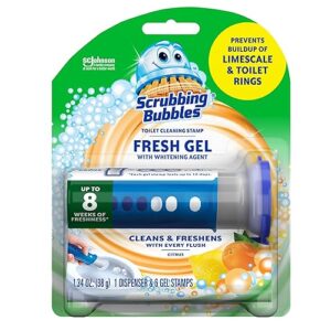 Scrubbing Bubbles Fresh Gel Toilet Bowl Cleaning Stamps, Helps Keep Toilet Clean and Helps Prevent Limescale & Rings, Citrus Scent, 1 Dispenser with 6 Fresh Gel Stamps