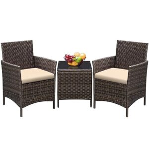 Greesum 3 Pieces Patio Furniture Sets Outdoor PE Rattan Wicker Chairs with Soft Cushion and Glass Coffee Table for Garden Backyard Porch Poolside, Brown and Beige