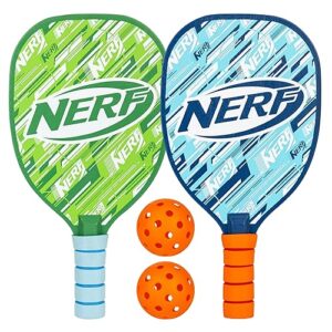 NERF 2 Player Pickleball Paddle Set - Youth Pickleball Equipment Set - (2) Wooden Paddles with Foam Grips + (2) Outdoor Balls for Kids - Carry Bag Included