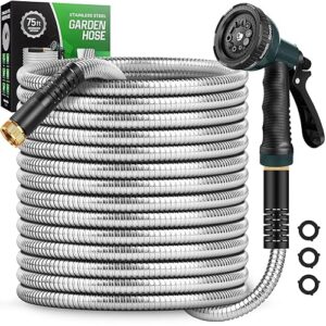 Garden Hose with 10-Function Nozzle, Leak-proof Metal Connector Hose, No Knots, Kink-Free, Lighter, Anti-Pets, Wear-Resistant, 3/4 GHT, Water Hose for Garden, Yard, Outdoor（75 FT）