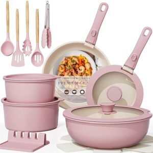 Astercook 21 Pcs Pots and Pans Non Stick Ceramic Cookware Set, Detachable Handles, RV Kitchen Cooking Set, Oven Safe, Induction Ready, Stackable, Pink