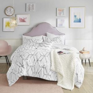 Comfort Spaces Vivian Comforter Set Ultra Soft All Season Lightweight Modern Geometric Glam Metallic Print Bedding, Matching Sham, Decorative Pillow, Twin/Twin XL, Geometric White/Silver
