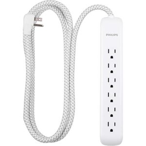 Philips 6 Outlet Power Strip Surge Protector, 6 Ft Power Cord, Designer Braided Extension Cord, Flat Plug, Perfect for Office or Home Décor, 1080 Joules, White, SPC3054WA/37