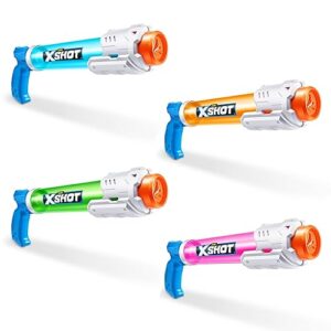 XSHOT Water Warfare Small Tube Soaker (4 Pack) by ZURU Super Soaking Pump Action, Pool Party Pack, Fills up to 380ml, Shoots up to 8 Meters, for Boys, Girls, Children