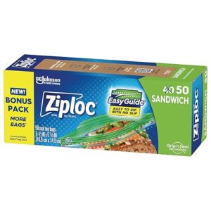 Ziploc Sandwich and Snack Bags with EasyGuide Texture, Plastic Storage Bags with Grip 'n Seal Technology, 50 Bags Total