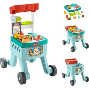 Fisher-Price Baby Push Toy 4-in-1 Snack Cart Walker Learning Activity, 14 Pieces for Pretend Play Infants Ages 6+ Months, Multilanguage Version