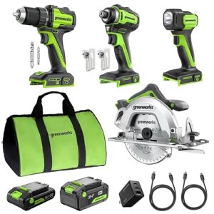 Greenworks 24V Cordless Brushless 4PCs Combo, 400 in-lbs Drill/Driver+1950 in-lbs Impact Driver +6.5" Circular Saw +200LM Flashlight, 2.0Ah+4.0Ah Batteries (24,000mAh Power Bank) 65W USB-C Charger