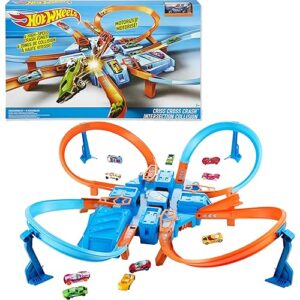 Hot Wheels Track Set with 1:64 Scale Toy Car, 4 Intersections for Crashing, Powered by a Motorized Booster, Criss-Cross Crash Track (Amazon Exclusive)